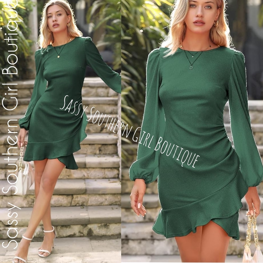 ⭐🆕Dark Green Ribbed Flutter Mini Dress - Picture 3 of 13